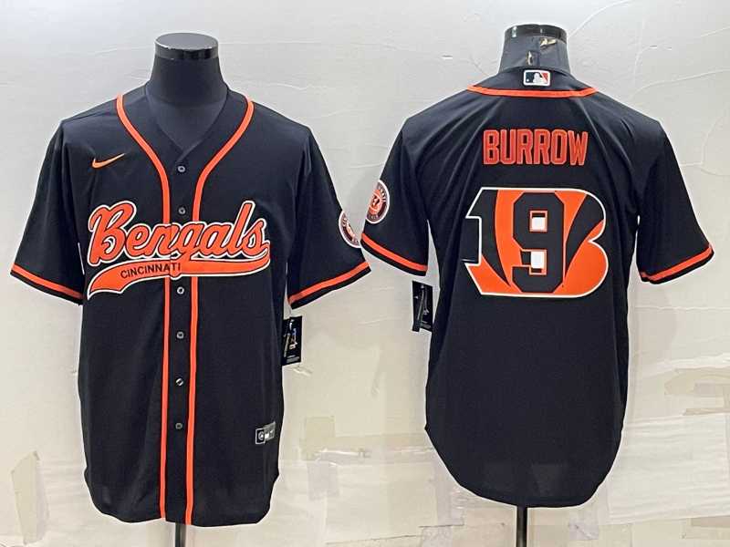 Mens Cincinnati Bengals #9 Joe Burrow Black Team Big Logo With Patch Cool Base Stitched Baseball Jersey